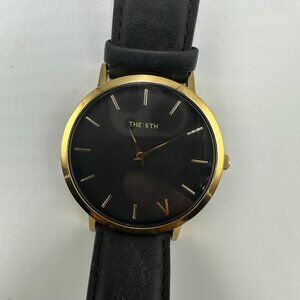 The 5th Watch Men Gold Tone Round Black Dial Leather Band Quartz New Battery 9"